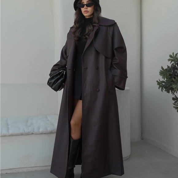 Burgundy Faux Leather Trench Coat - Picture 5 of 8